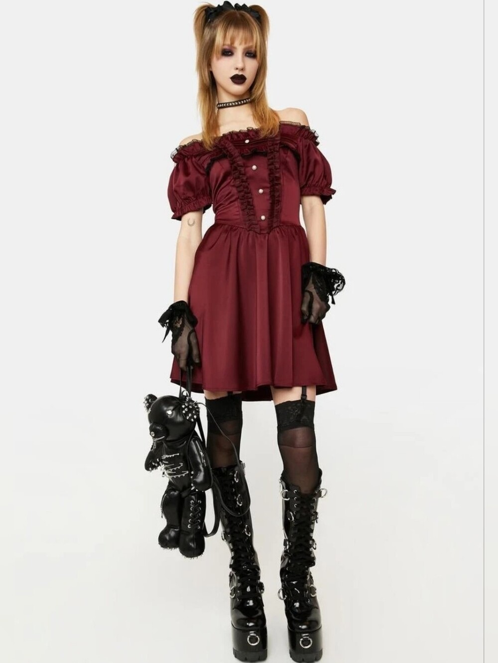 Dark In Love Burgundy Gothic Lolita Off Shoulder Dress NWT Medium